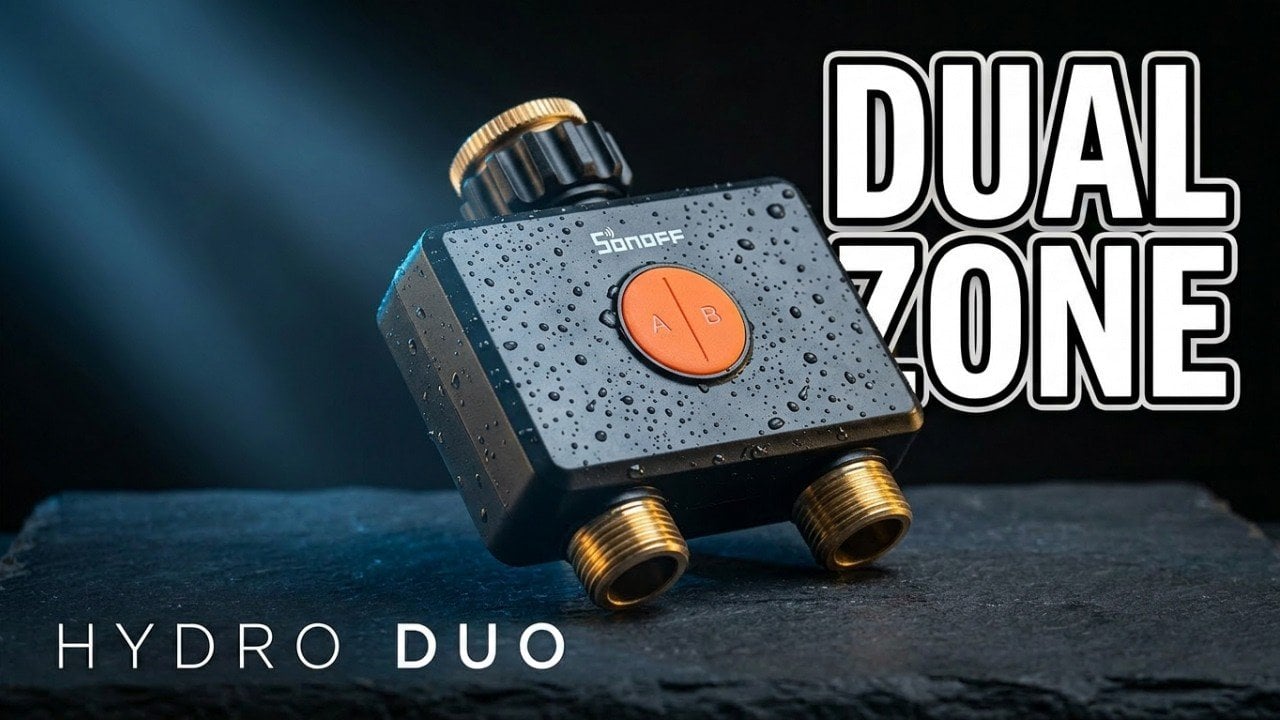 Sonoff Hydro Duo dual-channel smart water valve installed outdoors