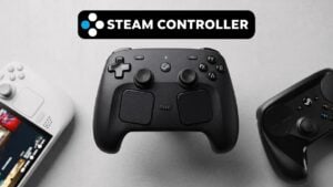 The new $99 Steam Controller next to a PC gaming setup.