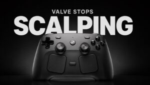 A Steam Controller resting on a desk next to a gaming PC