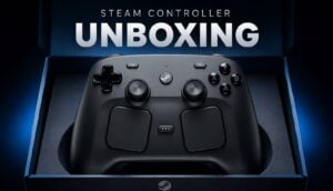 The new Steam Controller placed next to a Steam Deck for a size and design comparison.