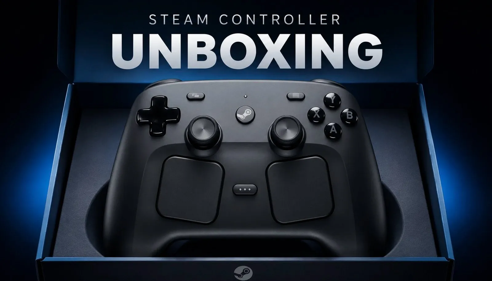 Front view of the new Valve Steam Controller showing the textured trackpads and clicky buttons.
