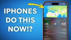 An iPhone screen showing real-time flight tracking in Spotlight search