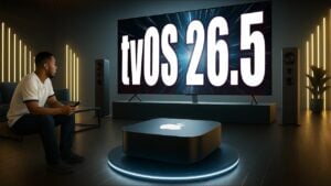 Liquid glass theme applied to Apple TV UI elements.