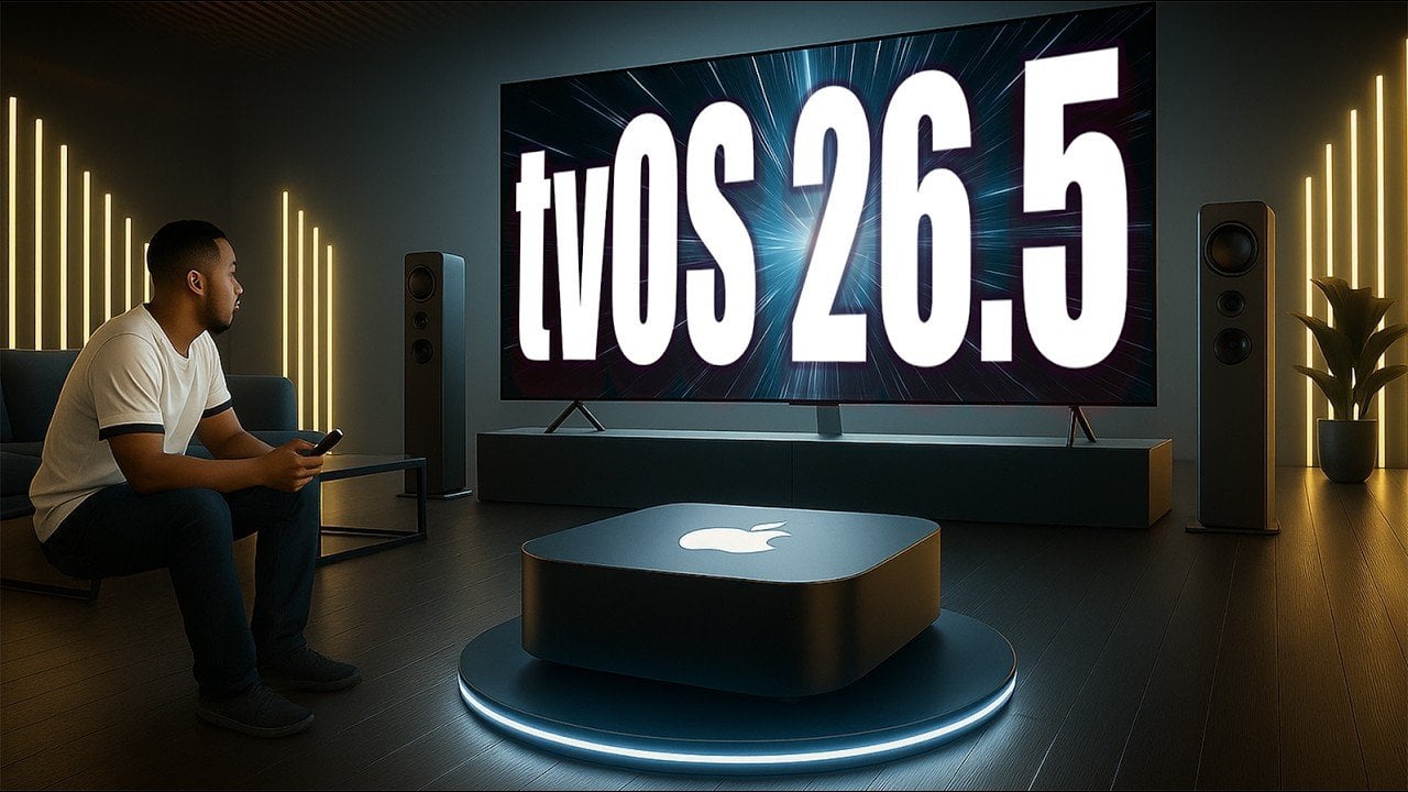Liquid glass theme applied to Apple TV UI elements.
