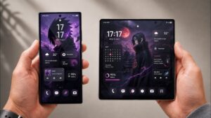Galaxy Z Fold 8 Wide open with two apps on screen, showing split-screen layout and media-friendly shape.