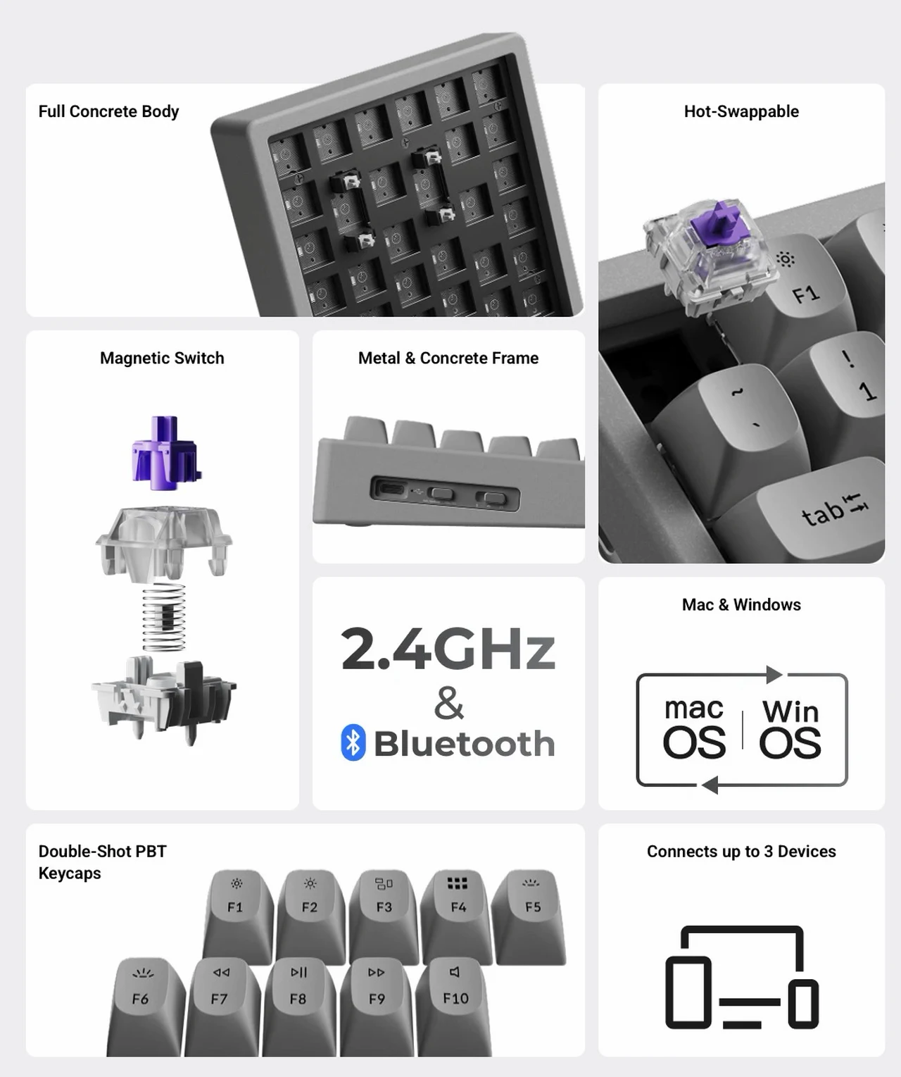 Keychron K2 HE Concrete Edition 75% Wireless Mechanical Keyboard features