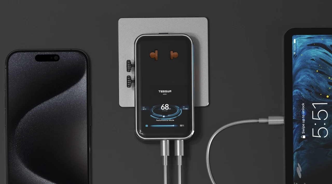 TESSAN AERO 70 charging an iPhone and an iPad at the same time from one wall socket