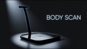 Person using 8-sensor smart scale with retractable handle for body composition analysis