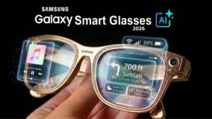 Person wearing Samsung Android XR smart glasses outdoors