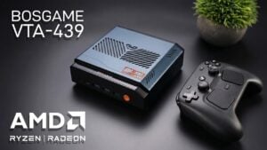Front view of the Bosgame VTA439 mini PC showing USB ports