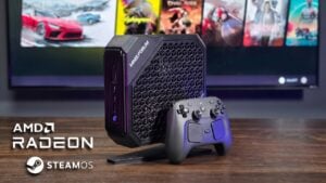 Minisforum HX77G integrated into a modern living room gaming setup.