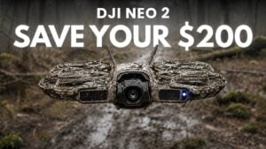 A crashed DJI Neo 2 drone resting on the ground