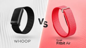 Side by side comparison of the Google Fitbit Air and Whoop fitness trackers