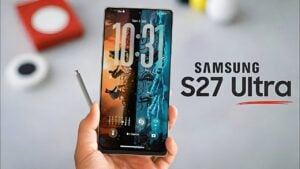 Samsung Galaxy S27 Ultra smartphone displaying processor specifications
