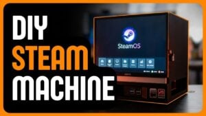 The custom GeekCube DIY Steam Machine running a game on its built-in screen