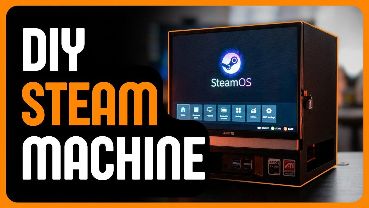 The custom GeekCube DIY Steam Machine running a game on its built-in screen