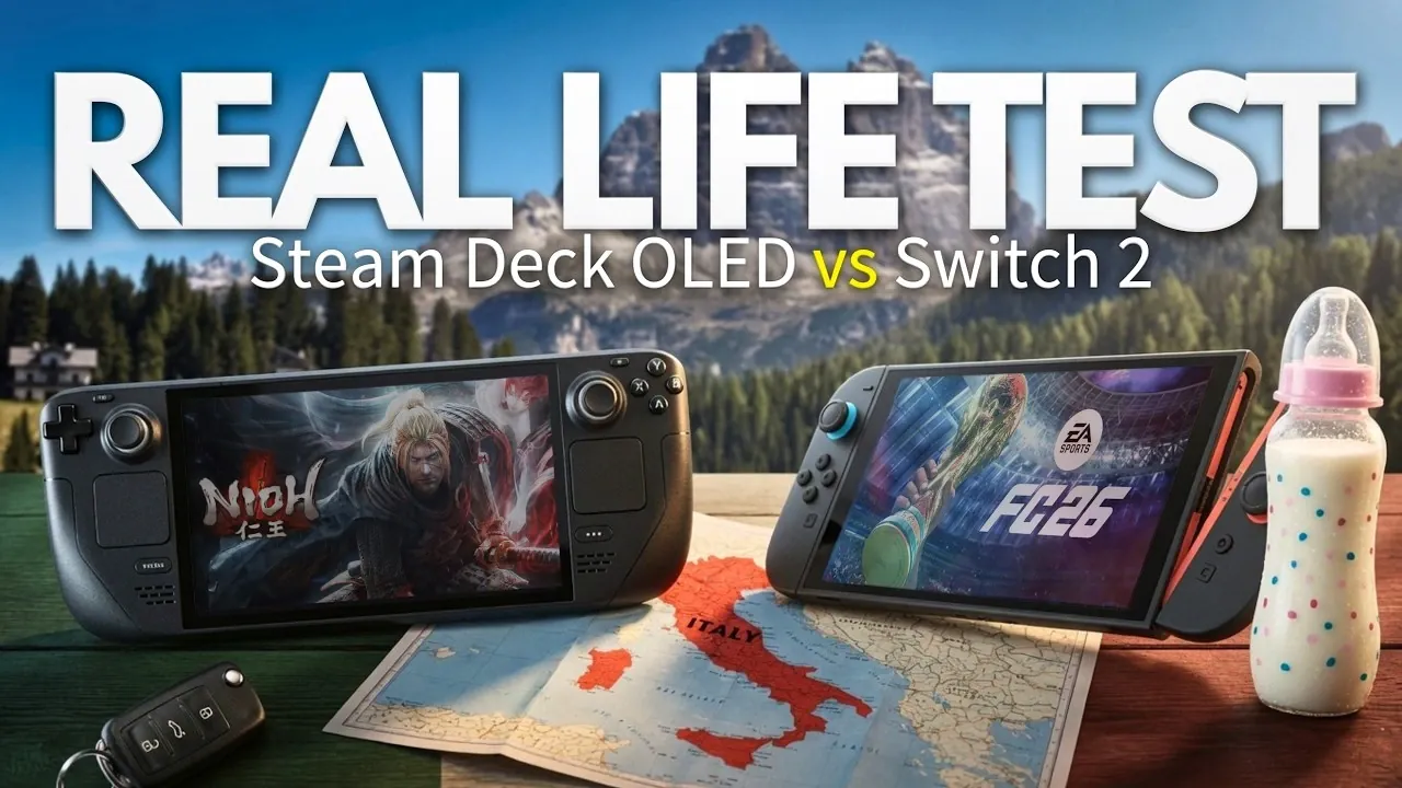 Nintendo Switch 2 and Steam Deck OLED side by side on a travel desk