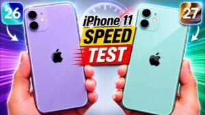 Side by side speed test of iOS 26 and iOS 27 on iPhone 11