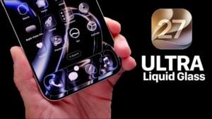 An iPhone displaying the ultra liquid glass aesthetic on iOS 27.