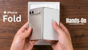 Dummy unit showing the book-style design of the iPhone Fold Ultra