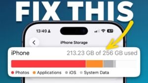 The iPhone storage settings screen showing a breakdown of space used by apps and media.