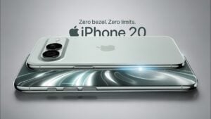 Render of the iPhone 20 featuring a borderless liquid glass display