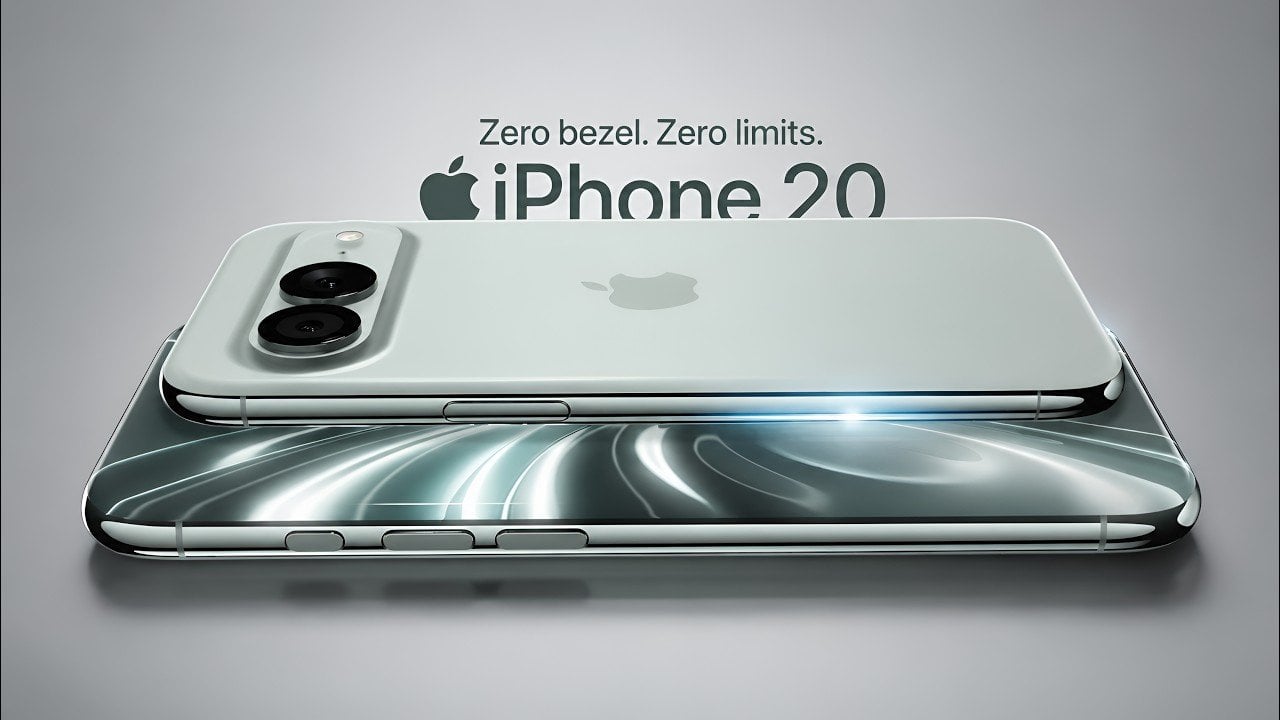 Render of the iPhone 20 featuring a borderless liquid glass display