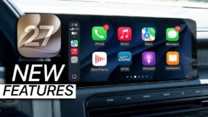 The new liquid glass app icons on the iOS 27 CarPlay dashboard