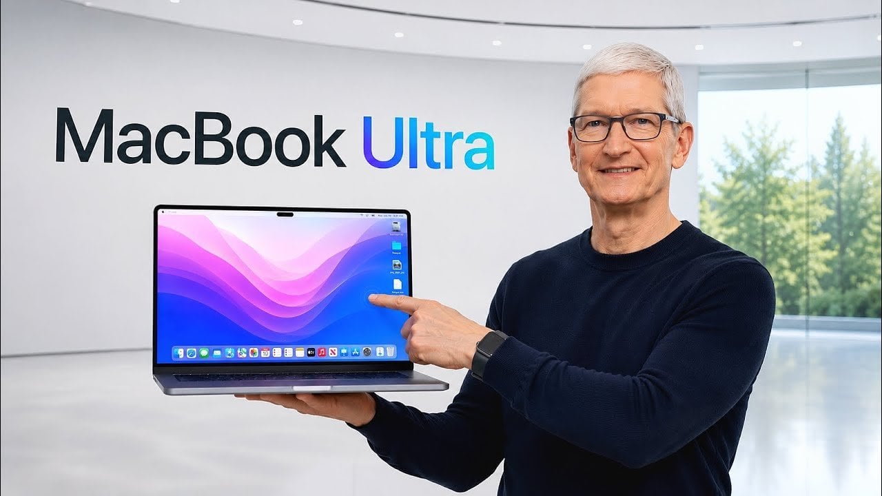 A conceptual render of the Apple MacBook Ultra featuring a touchscreen interface.