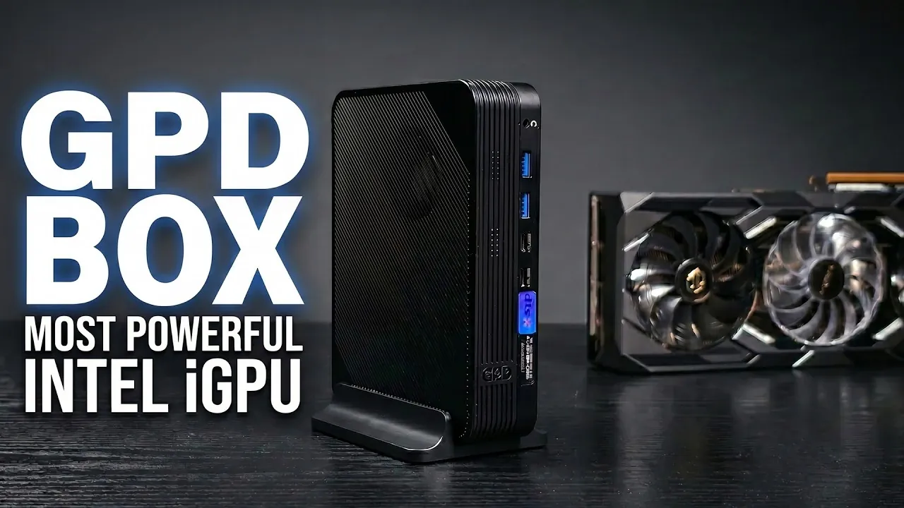 Front view of the GPD Box mini PC showing USB ports and power button
