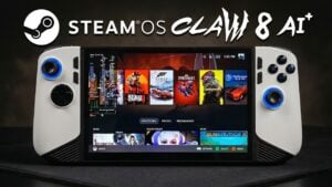 MSI Claw 8 AI Plus running the official SteamOS 3.8.7 beta interface.