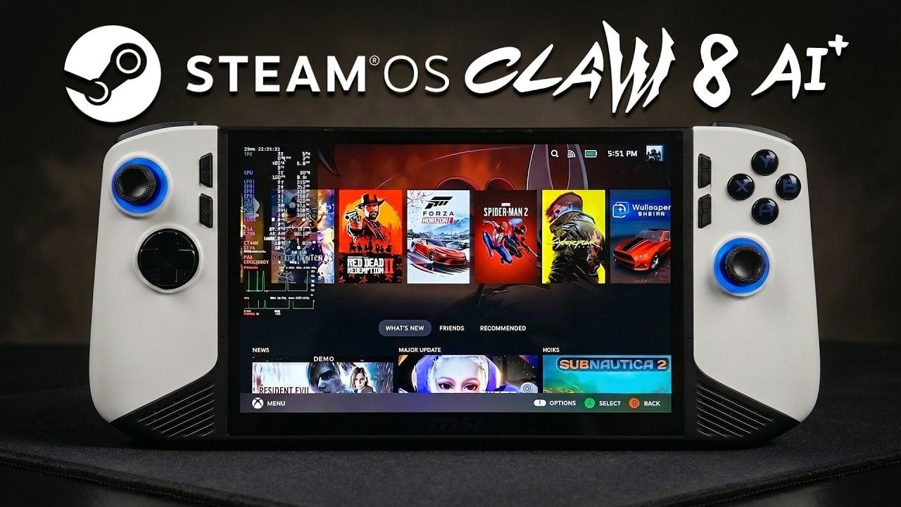 MSI Claw 8 AI Plus running the official SteamOS 3.8.7 beta interface.