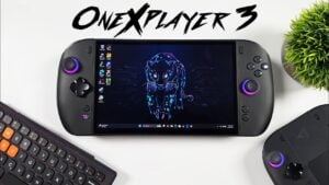 Front view of the OneXPlayer 3 handheld gaming PC displaying its AMOLED screen.
