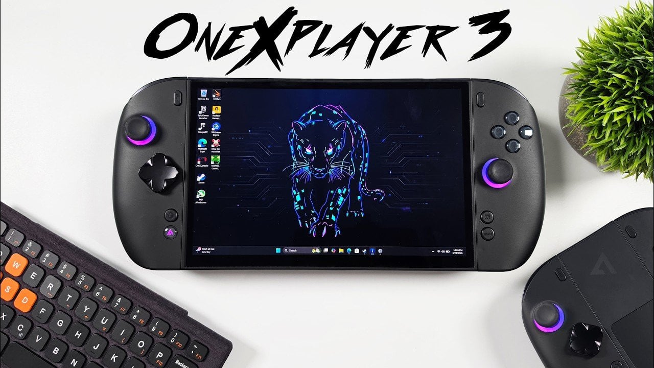 Front view of the OneXPlayer 3 handheld gaming PC displaying its AMOLED screen.