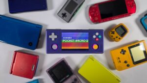 AYANEO Pocket Micro 2 displaying a retro game on its 3.5-inch screen.