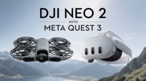 User wearing a Meta Quest 3 headset while operating a drone.