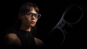 Person wearing RayNeo AI smart glasses at the AWE 2026 event