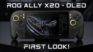 Front view of the ASUS ROG Ally X20 displaying the new 7.4-inch OLED screen.