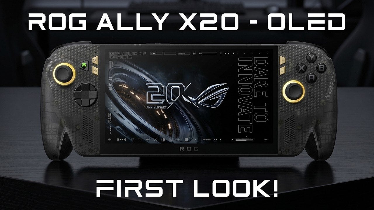 Front view of the ASUS ROG Ally X20 displaying the new 7.4-inch OLED screen.