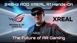 Front view of the Asus ROG R1 gaming glasses showing RGB light bars