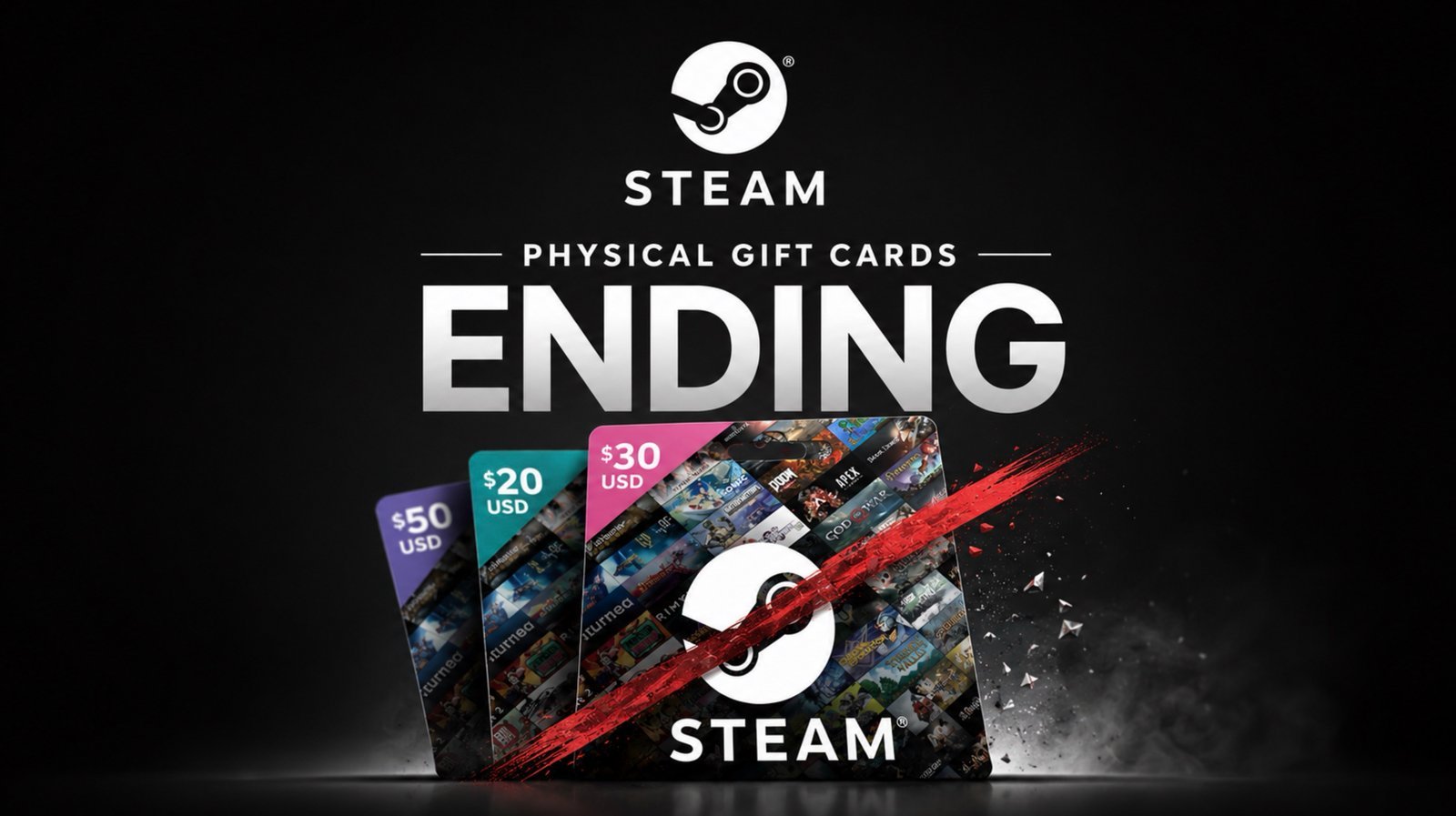 A display of physical Steam gift cards on a retail store shelf