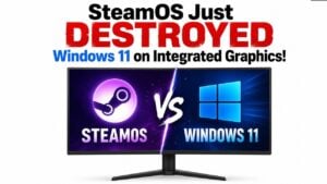 Performance graph showing SteamOS beating Windows 11 in Doom Eternal.