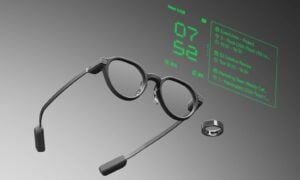 Green monochrome HUD interface displaying real-time transcription on the G2 glasses.