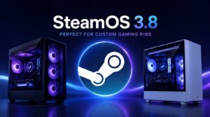 The new Valve Steam Machine console on a desk.