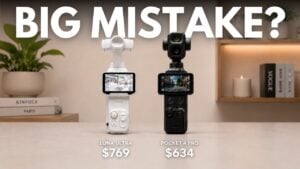 A content creator using a pocket camera for solo video production.