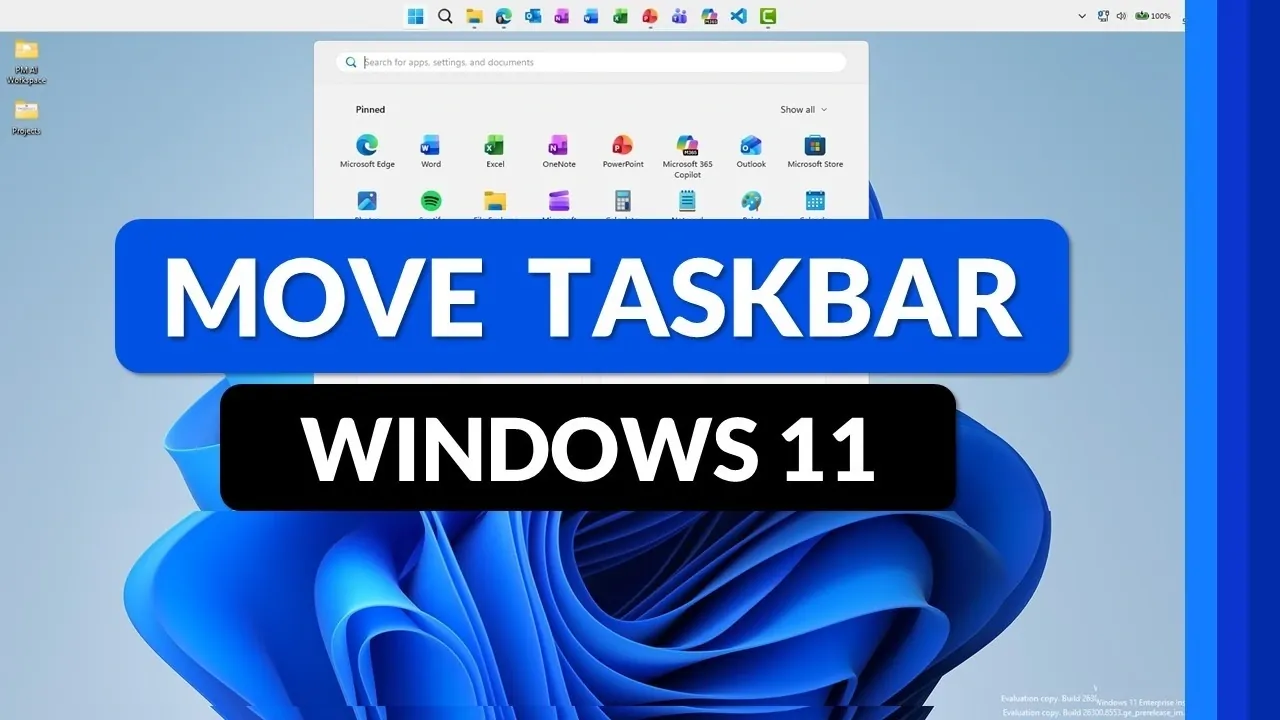 Windows 11 Start menu opening from a top-positioned taskbar