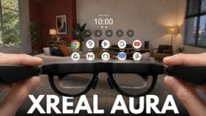 Person wearing the XREAL Aura glasses for daily computing