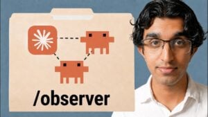 A conceptual illustration of one AI agent observing and monitoring another AI agent at work.