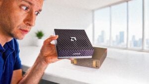 Front view of the AMD Ryzen AI Halo compact desktop computer