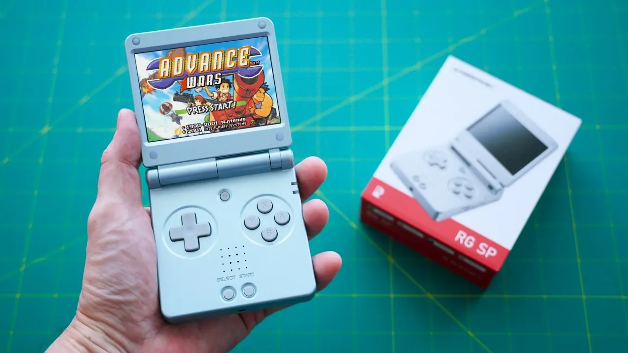 The Anbernic RG SP closed to display its compact clamshell design.